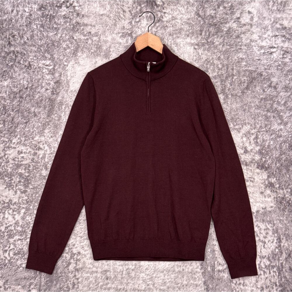REISS Sweater Medium Mens Blackhall 100% Merino Wool 1/4 Zip Burgundy Red